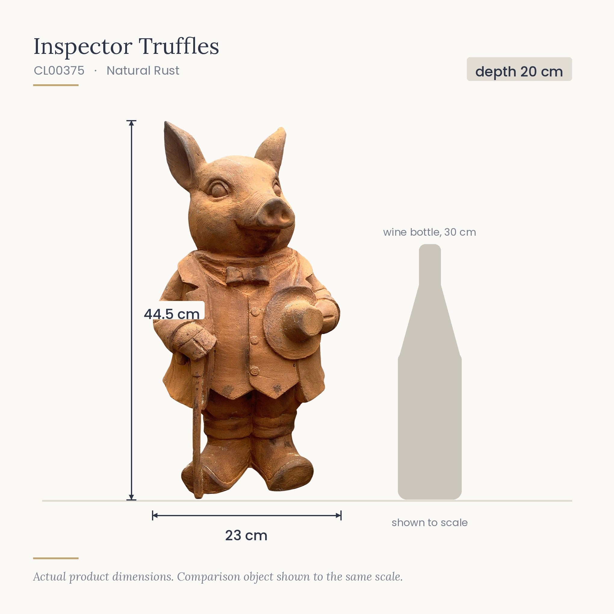 Size diagram for Inspector Truffles, 23 x 20 x 44.5 cm, shown to scale beside a 30 cm wine bottle