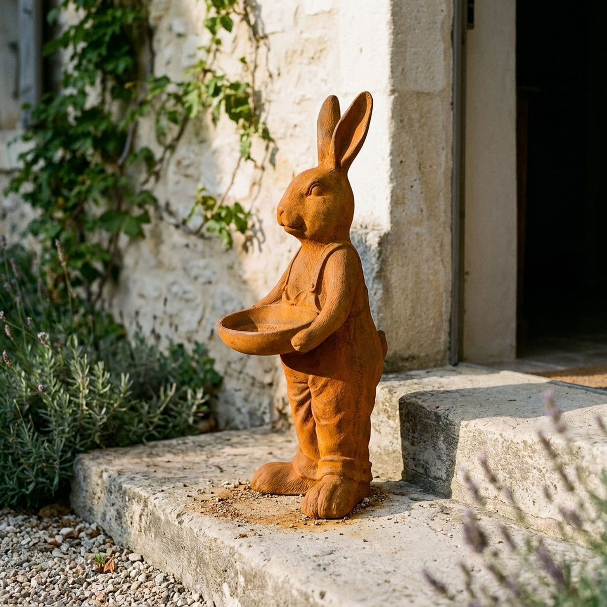 Farmer Barnaby hare statue bird feeder front view showing the full height and finish