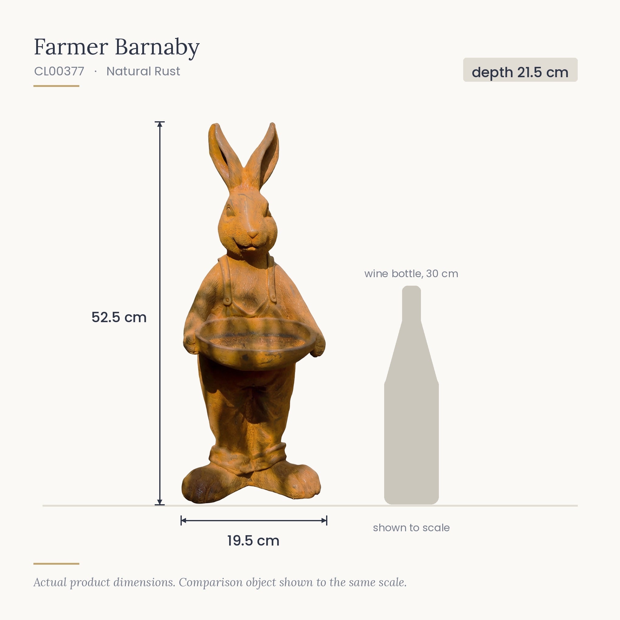 Size diagram for Farmer Barnaby, 19.5 x 21.5 x 52.5 cm, shown to scale beside a 30 cm wine bottle
