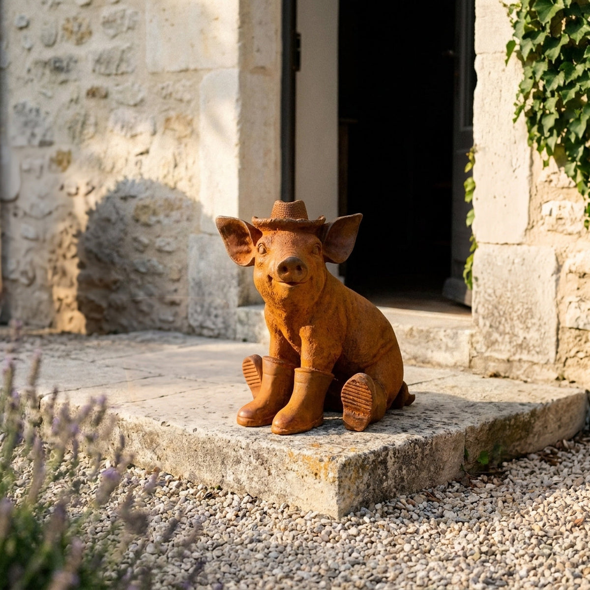 Farmer Hamish Sitting pig statue in gumboots front view showing the full height and finish