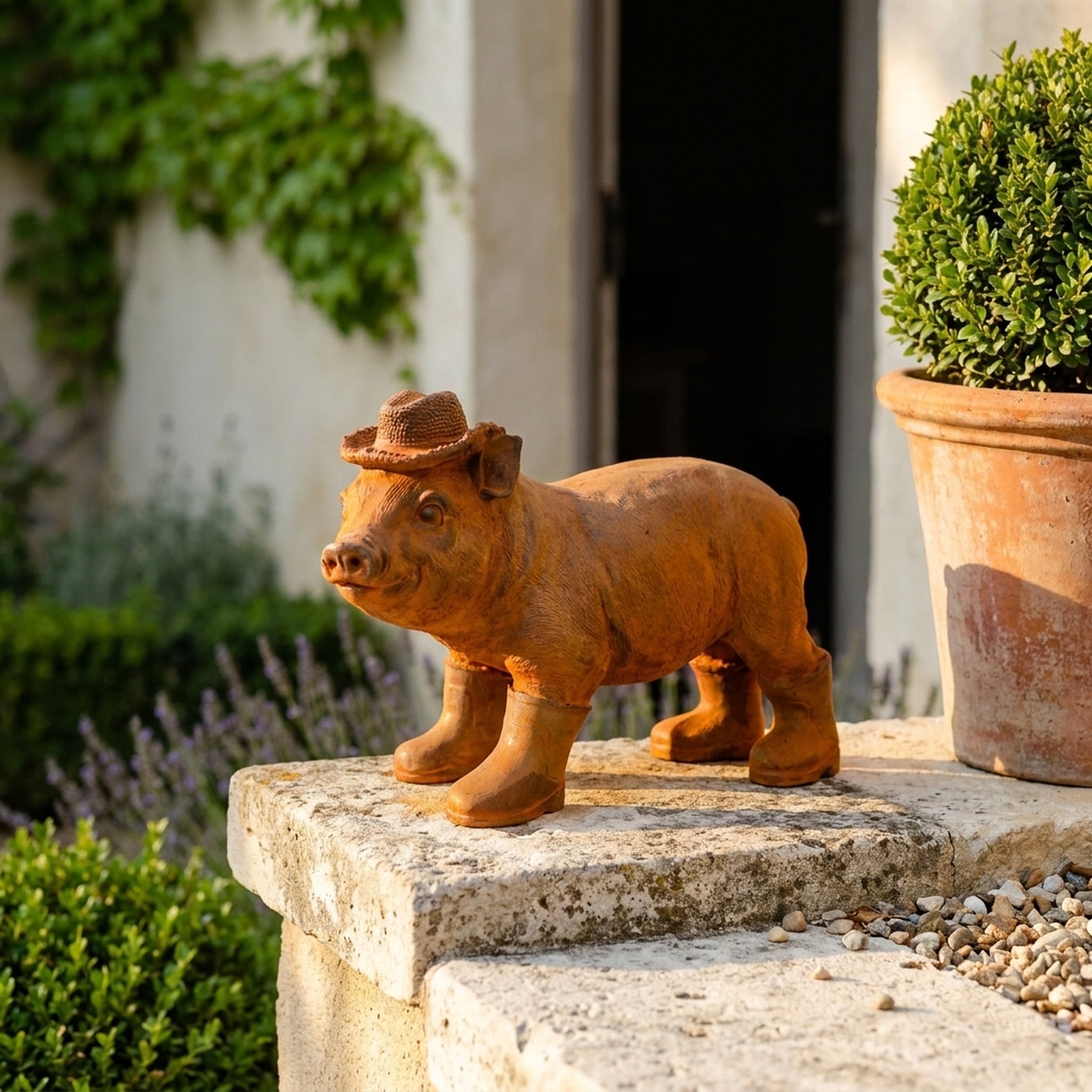 Farmer Hamish Standing rust cast iron pig statue walking in a straw hat and four gumboots, beside a terracotta pot