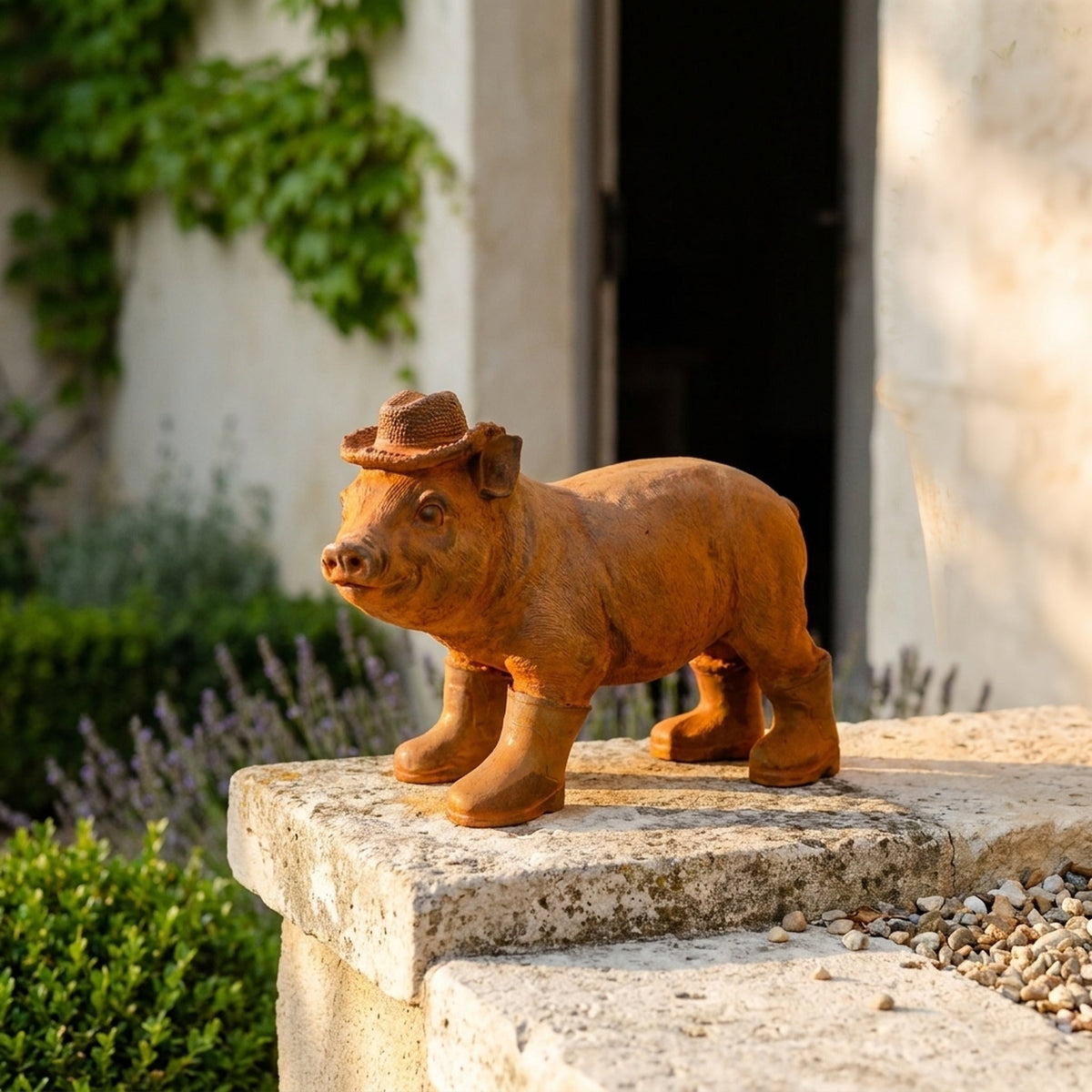Farmer Hamish Standing rust cast iron pig statue walking in a straw hat and four gumboots, on a stone step beside lavender