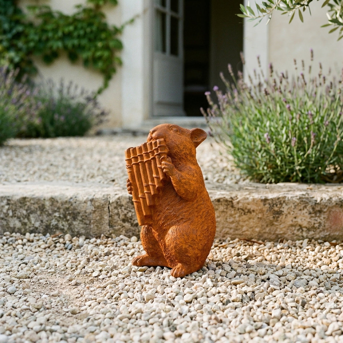 Archie dormouse statue with pan pipes front view showing the full height and finish