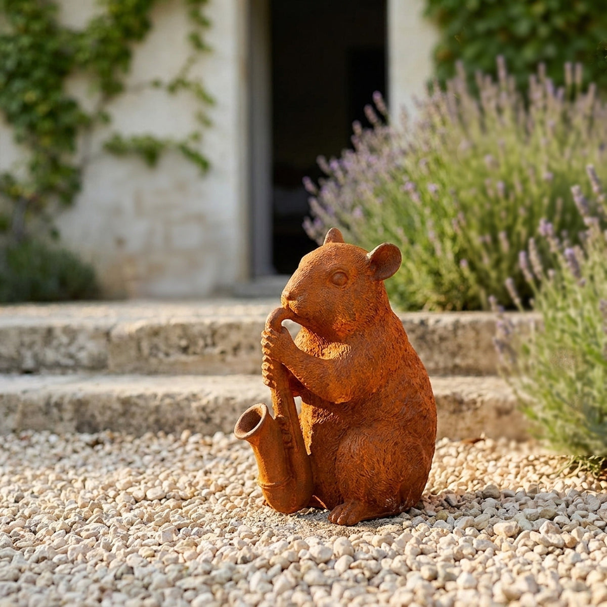 Bertie dormouse statue with a saxophone front view showing the full height and finish