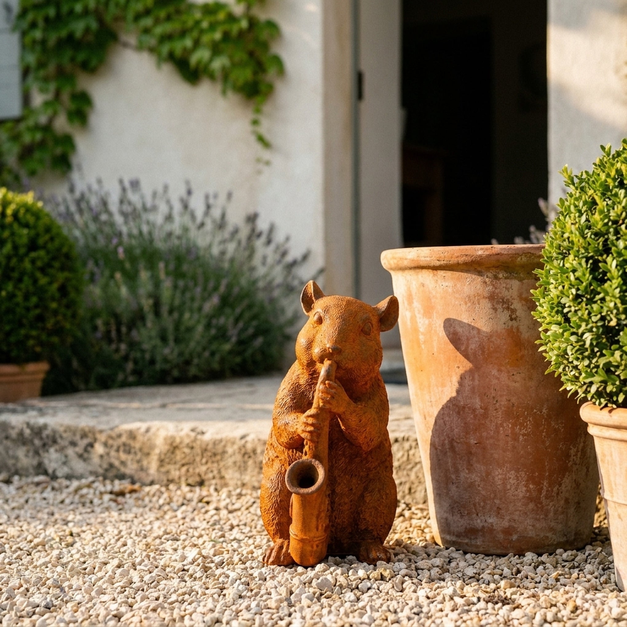 Chester dormouse statue with a saxophone three quarter view in a provencal courtyard