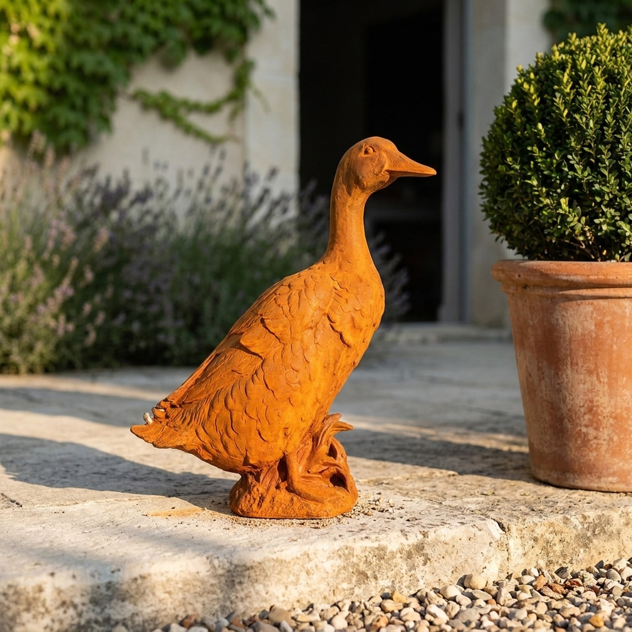 Goosey Gander duck statue front view showing the full height and finish