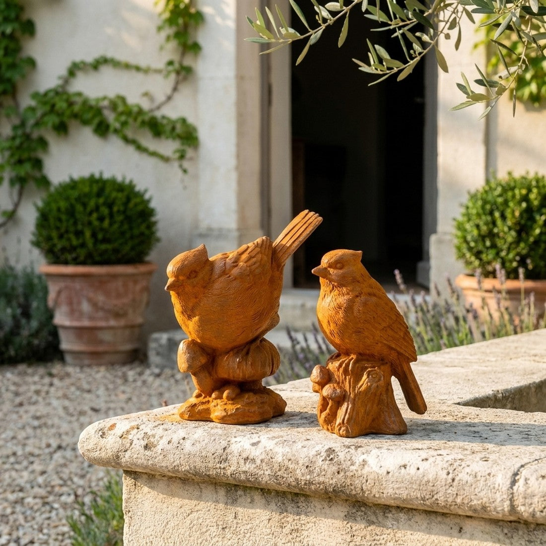 Pip and Squeak rust cast iron garden bird statues, a pair on a stone wall cap beside clipped box and lavender
