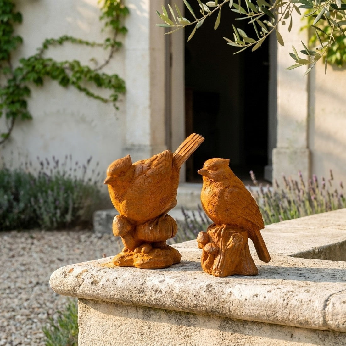 Pip and Squeak rust cast iron garden bird statues, a pair on a stone wall cap beside lavender
