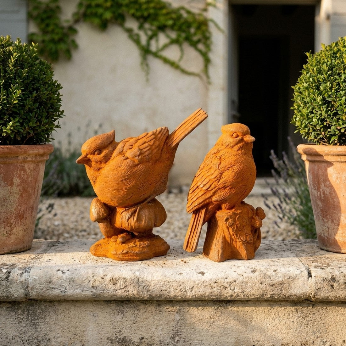 Pip and Squeak close view of the feather casting and rust patina