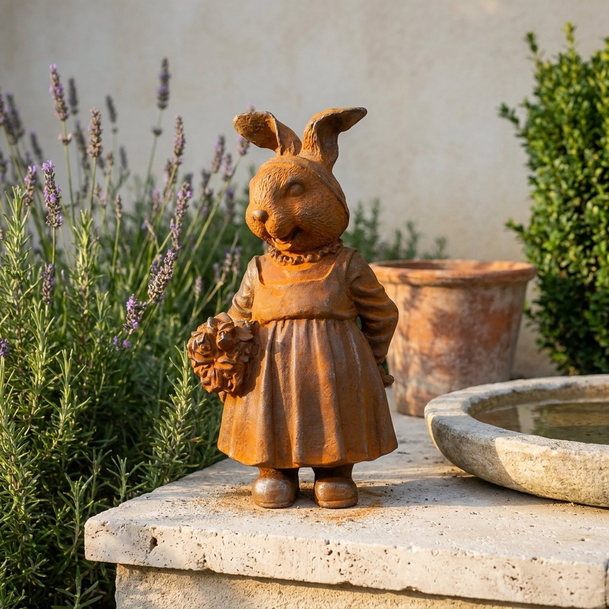 Miss Clover rabbit statue front view showing the posy of roses and ruffled collar