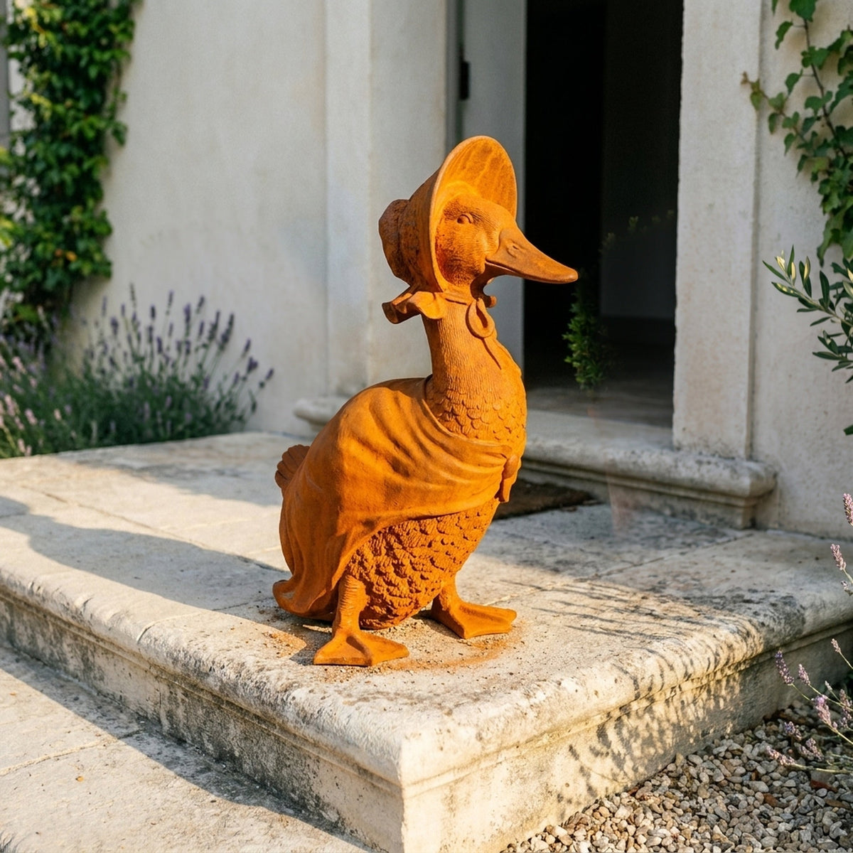 Madame Goosington rust cast iron duck in a bonnet on limestone steps beside lavender