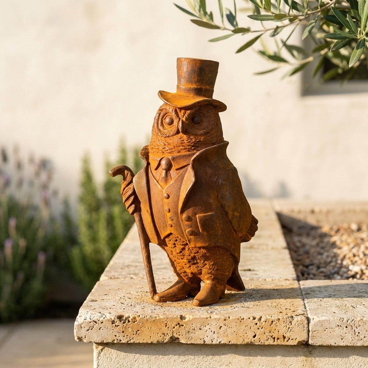 Professor Hoodwink rust cast iron owl in a top hat with a cane on a travertine garden ledge