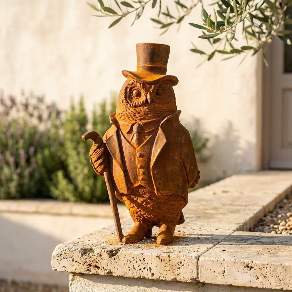 Professor Hoodwink owl statue front view showing the waistcoat, pocket and booted feet