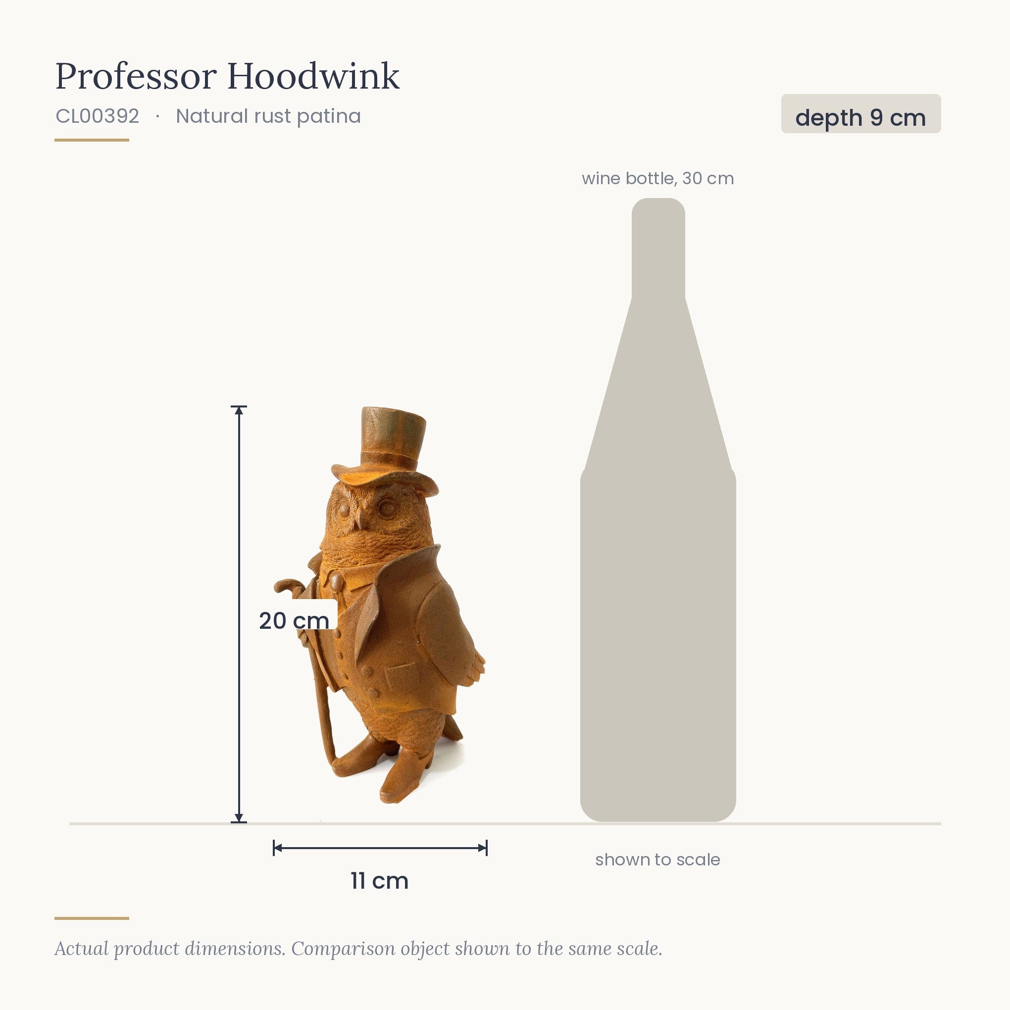 Size diagram for Professor Hoodwink, 11 x 9 x 20 cm, shown to scale beside a 30 cm wine bottle