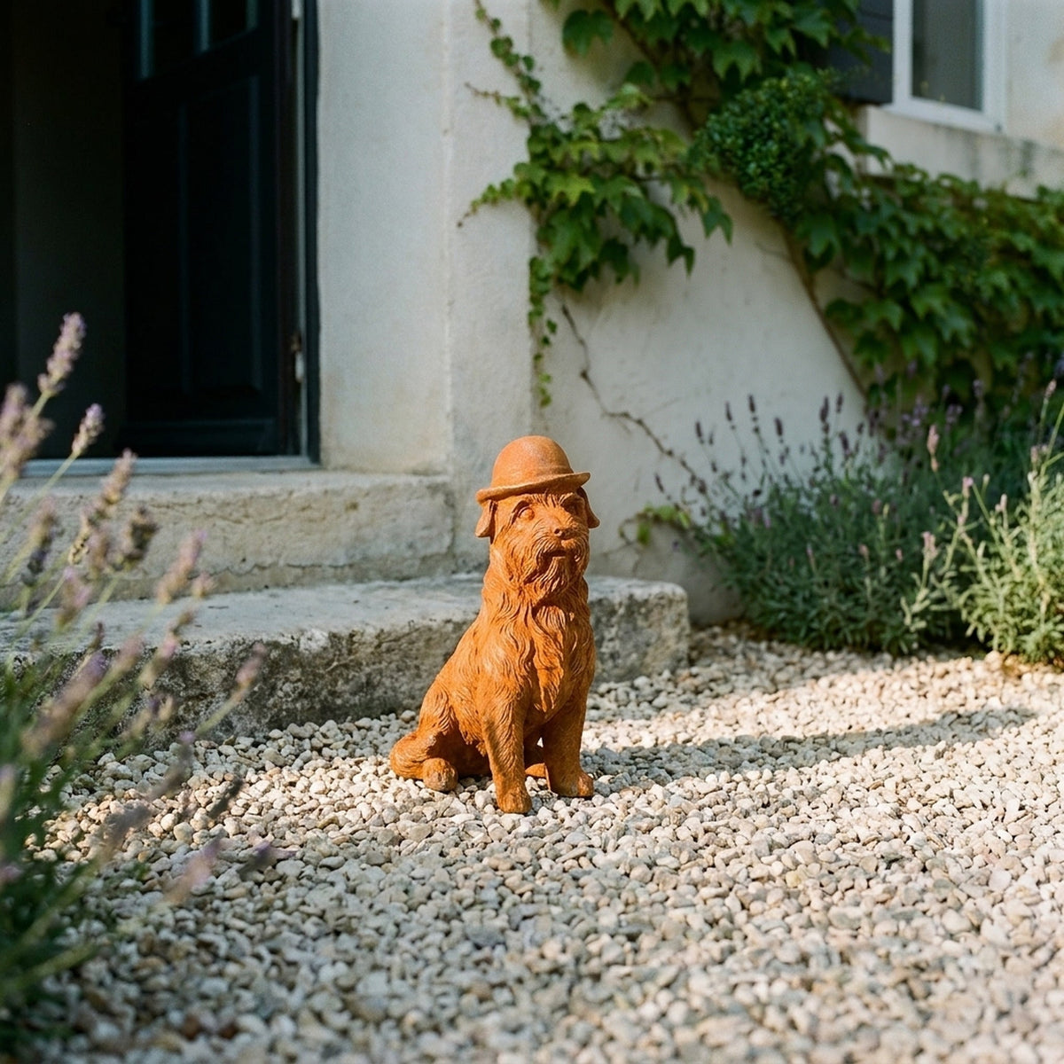 Mr Capone terrier statue in a bowler hat front view showing the full height and finish