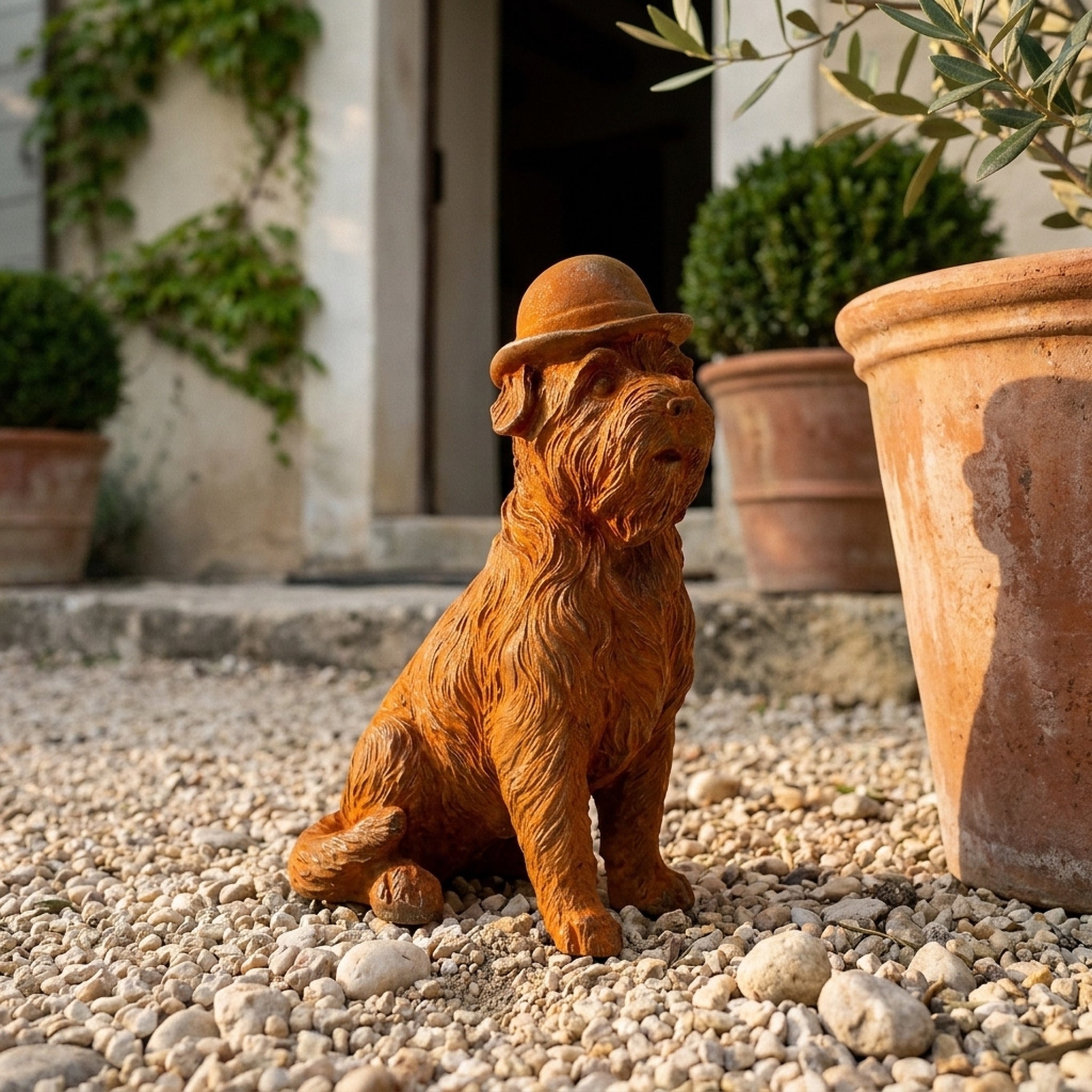 Mr Capone terrier statue in a bowler hat three quarter view in a provencal courtyard