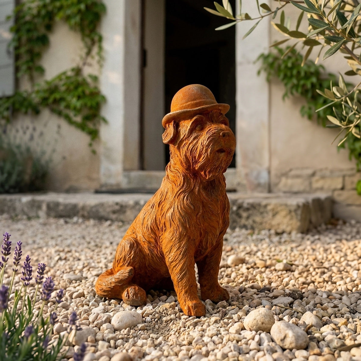 Mr Capone terrier statue in a bowler hat three quarter view in a provencal courtyard