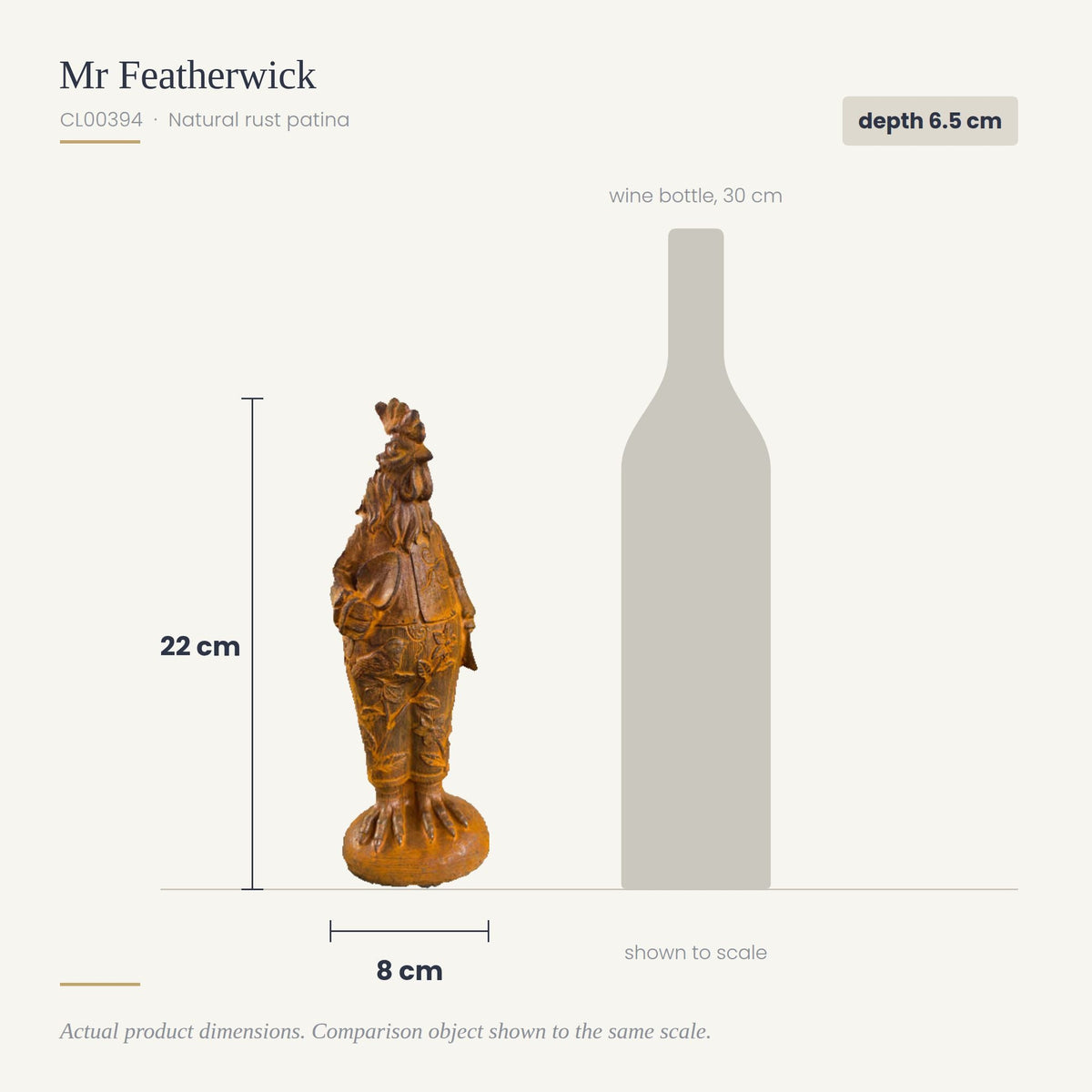 Size guide for Mr Featherwick cast iron rooster statue, 22cm tall and 8cm wide, shown to scale beside a 30cm wine bottle