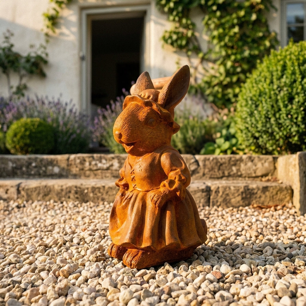 Lady Clementine rust cast iron rabbit statue in a bonnet and long dress, on gravel beside lavender