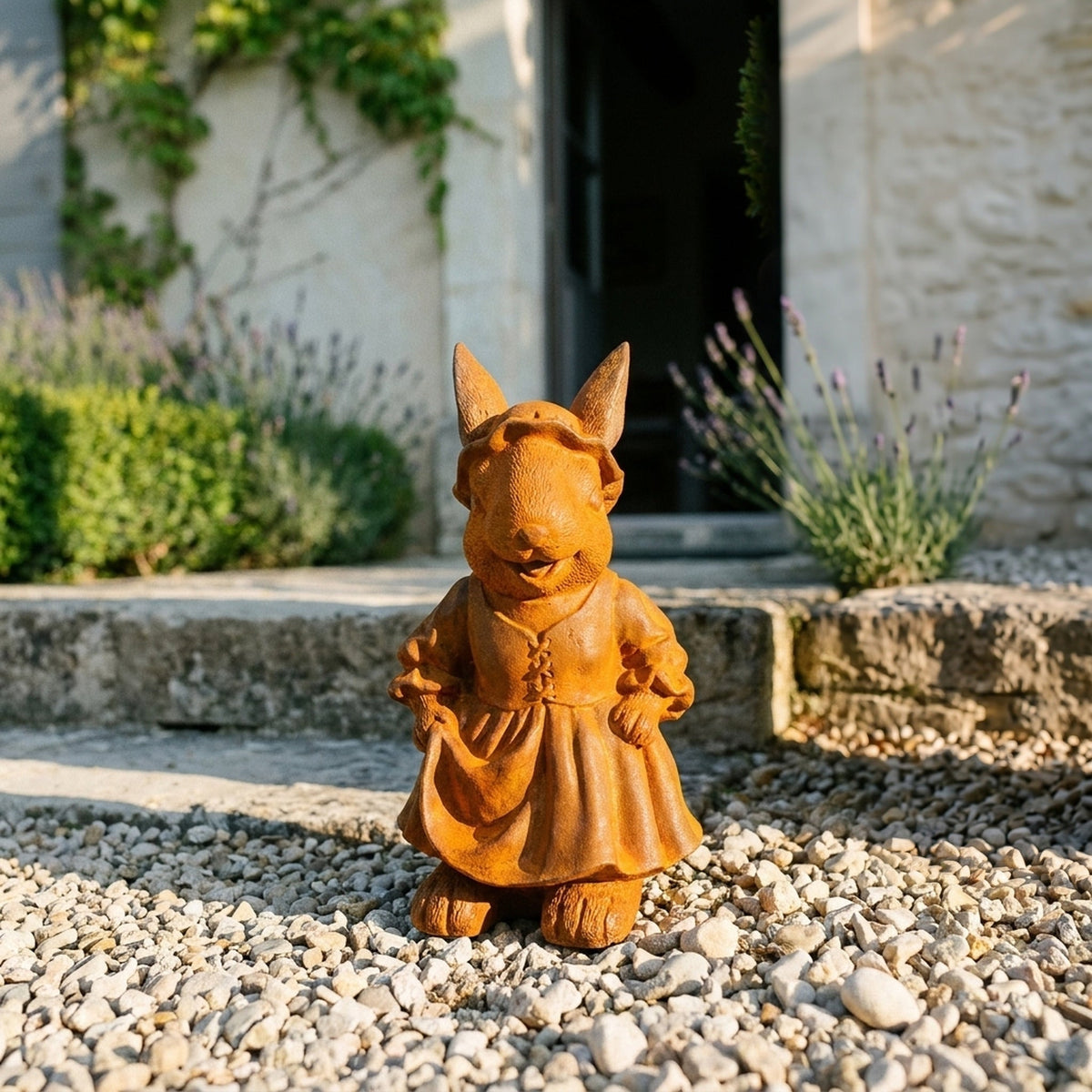 Lady Clementine rabbit statue in a bonnet front view showing the full height and finish