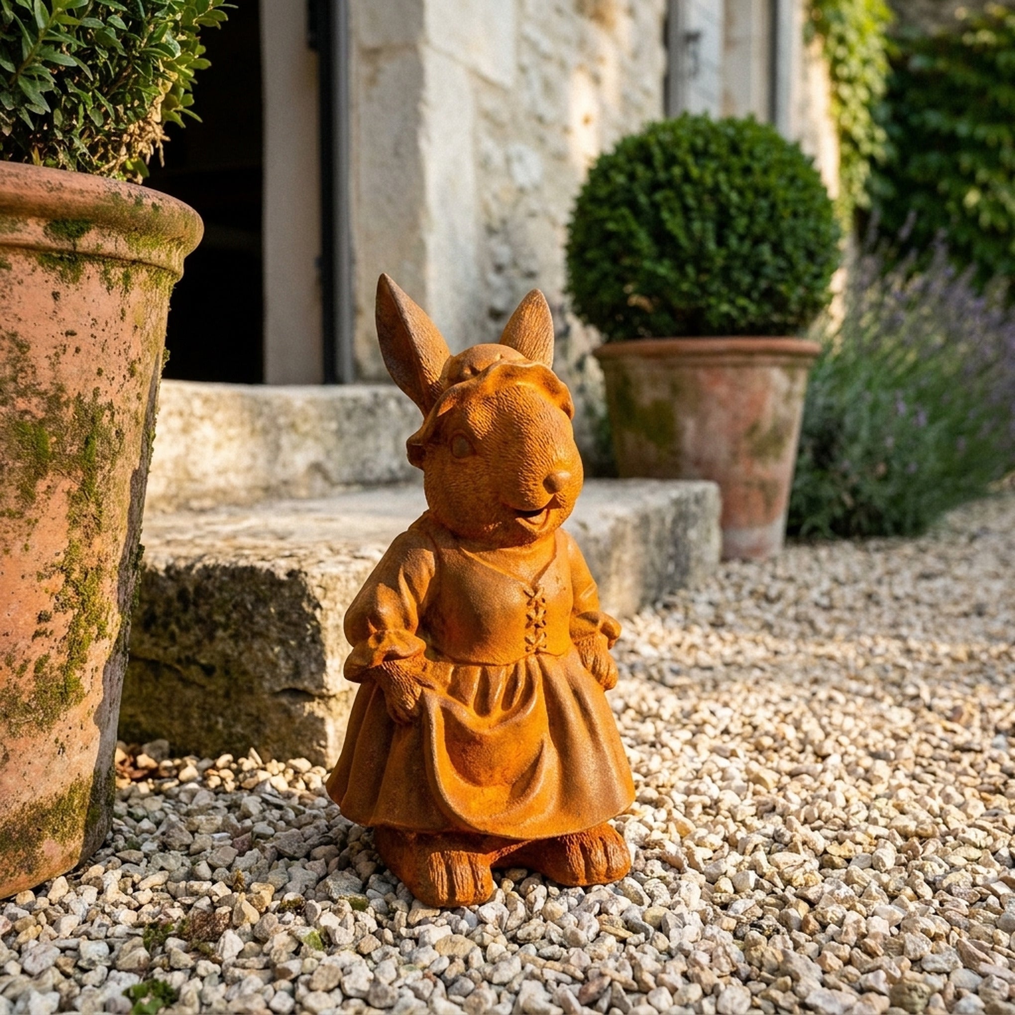 Lady Clementine rabbit statue in a bonnet three quarter view in a provencal courtyard