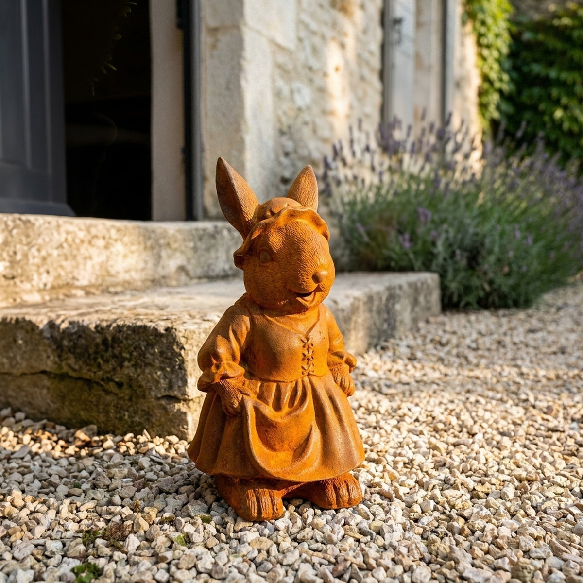 Lady Clementine rabbit statue in a bonnet three quarter view in a provencal courtyard