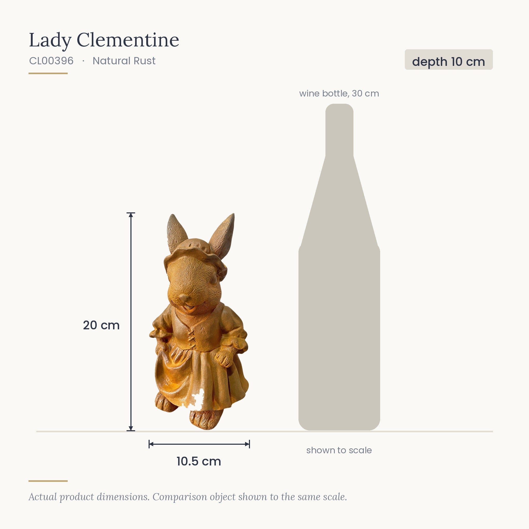 Size diagram for Lady Clementine, 10.5 x 10 x 20 cm, shown to scale