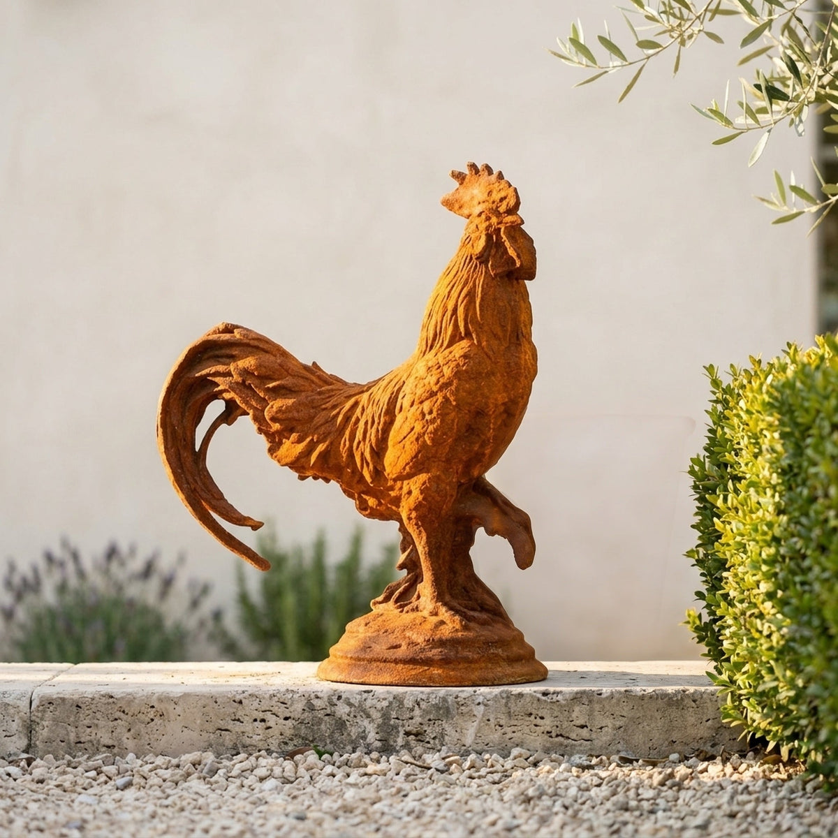 Chancellor Percival rust cast iron rooster statue on a round pedestal, on a stone ledge beside clipped box and lavender