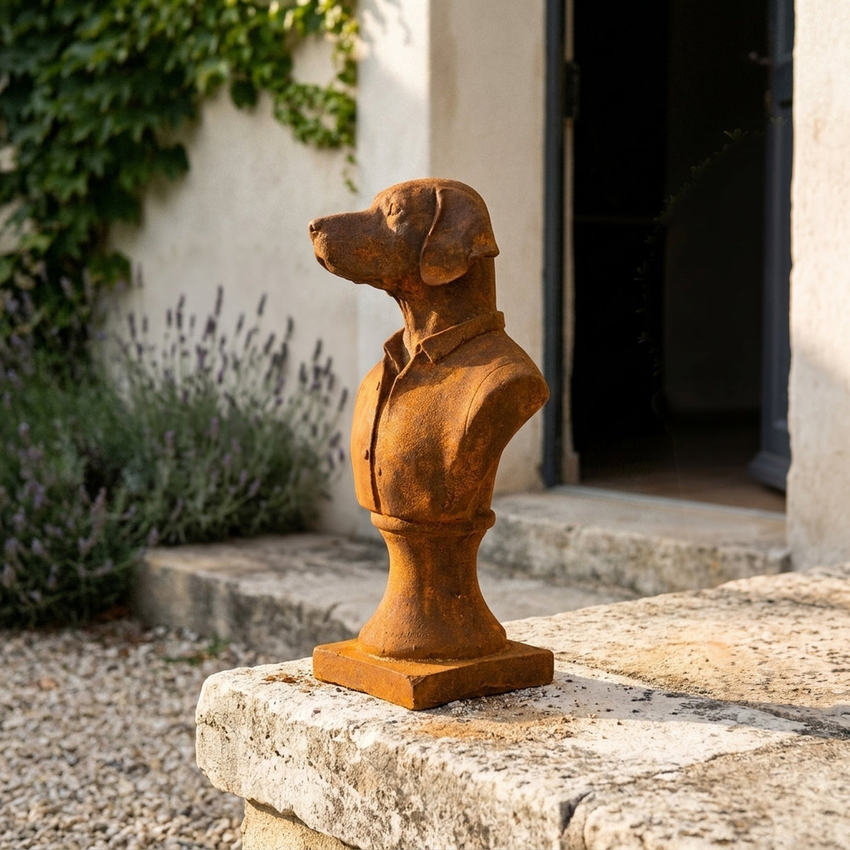 Colonel Barkley rust cast iron dog bust in a buttoned shirt on a pedestal, on a stone step