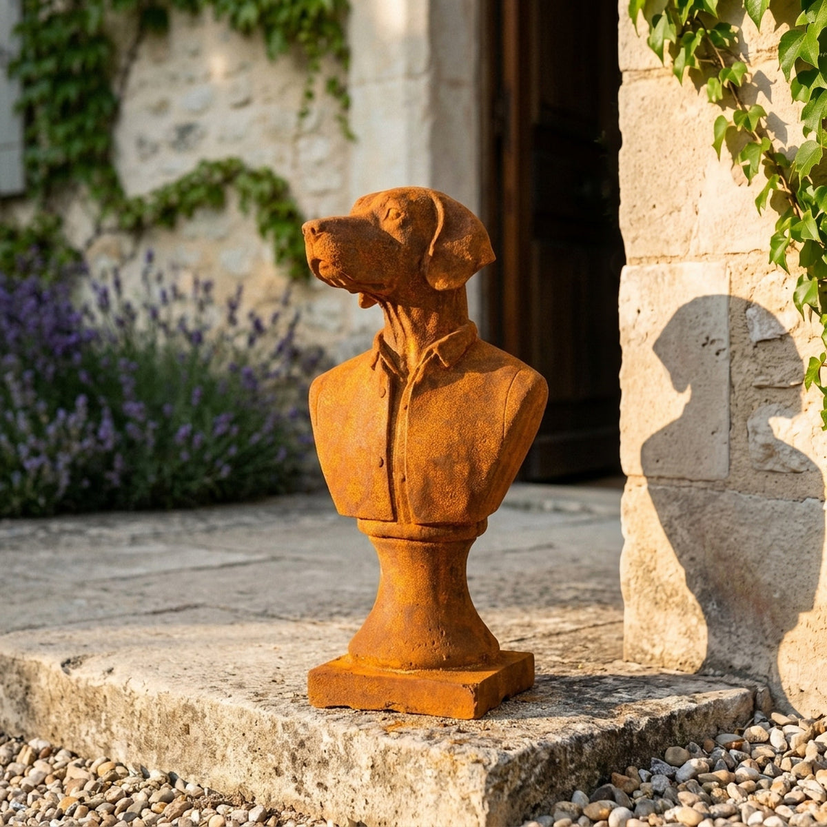 Colonel Barkley dog bust statue three quarter view in a provencal courtyard