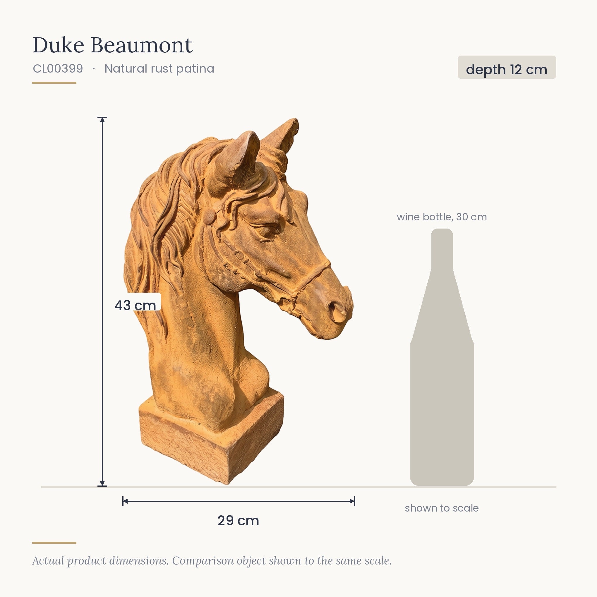 Size diagram for Duke Beaumont, 29 x 12 x 43 cm, shown to scale beside a 30 cm wine bottle