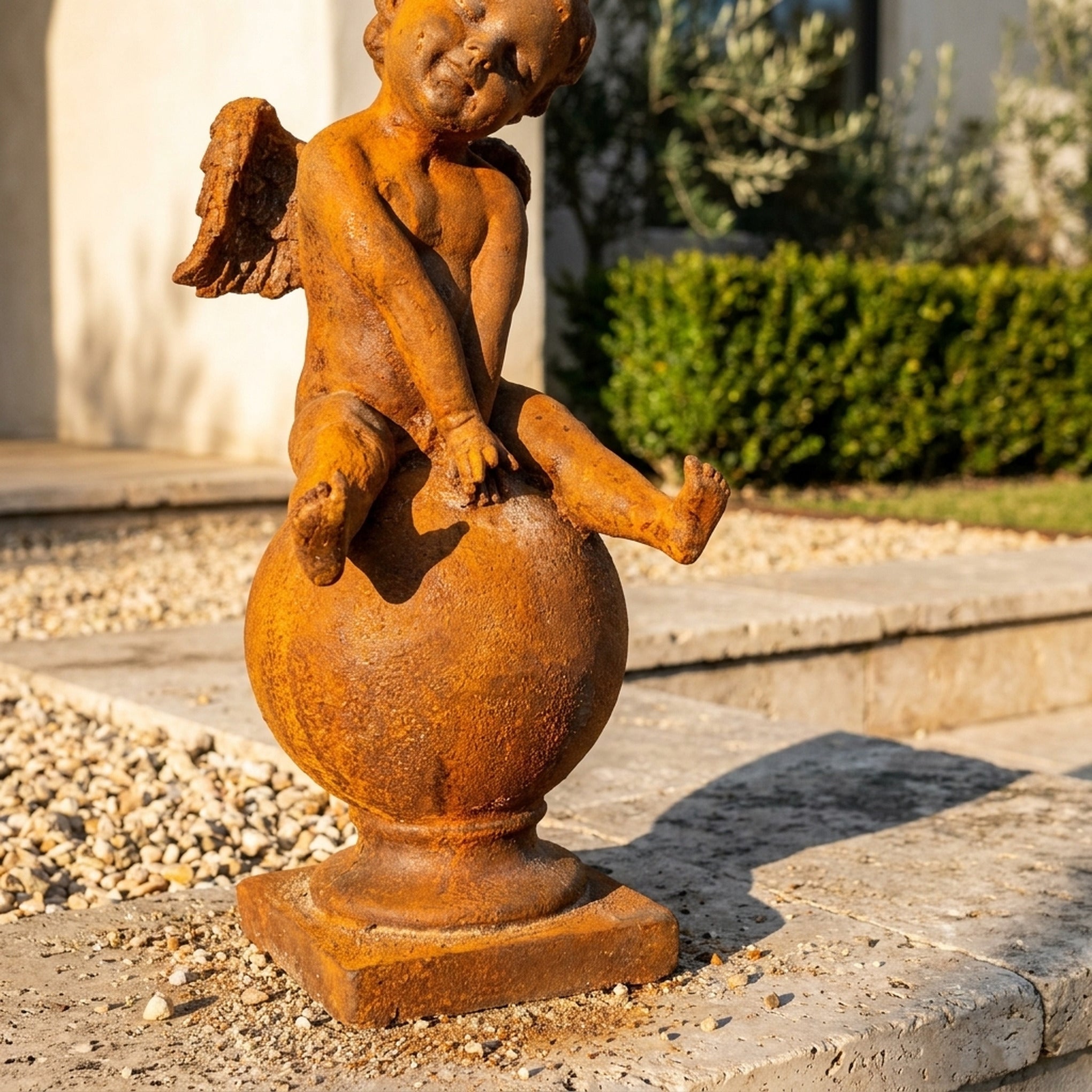 Hugo Wingsley close detail of the rust patina across the wings and sphere