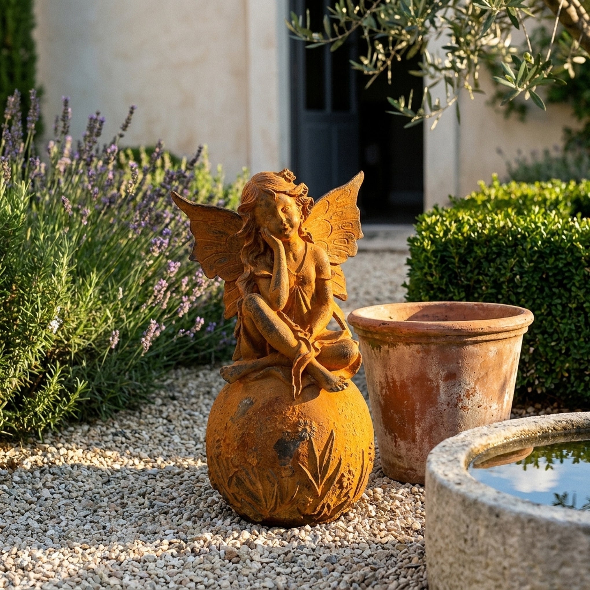 Lady Peaseblossom fairy statue three quarter view in a provencal courtyard