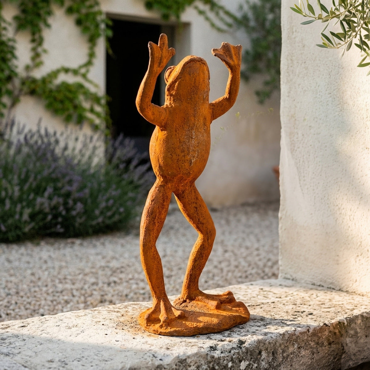 The Frog Prince rust cast iron frog statue front view showing the full height and finish