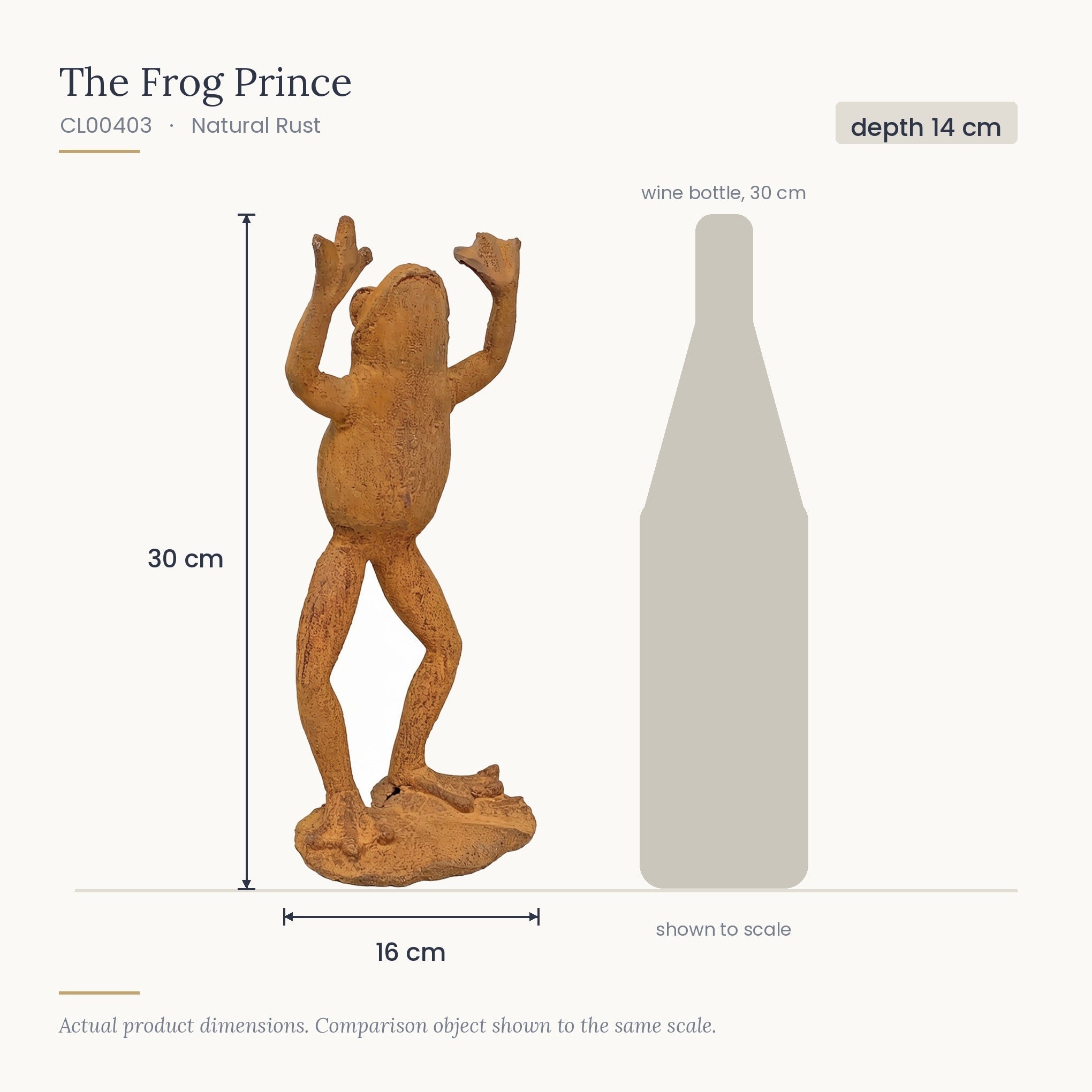 Size diagram for The Frog Prince, 16 x 14 x 30 cm, shown to scale