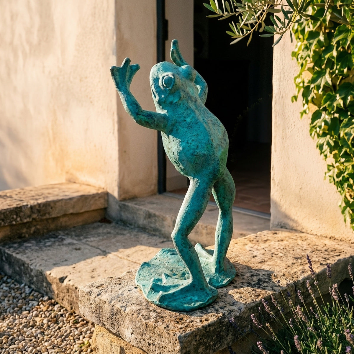 The Frog Prince Verdigris frog statue front view showing the full height and finish