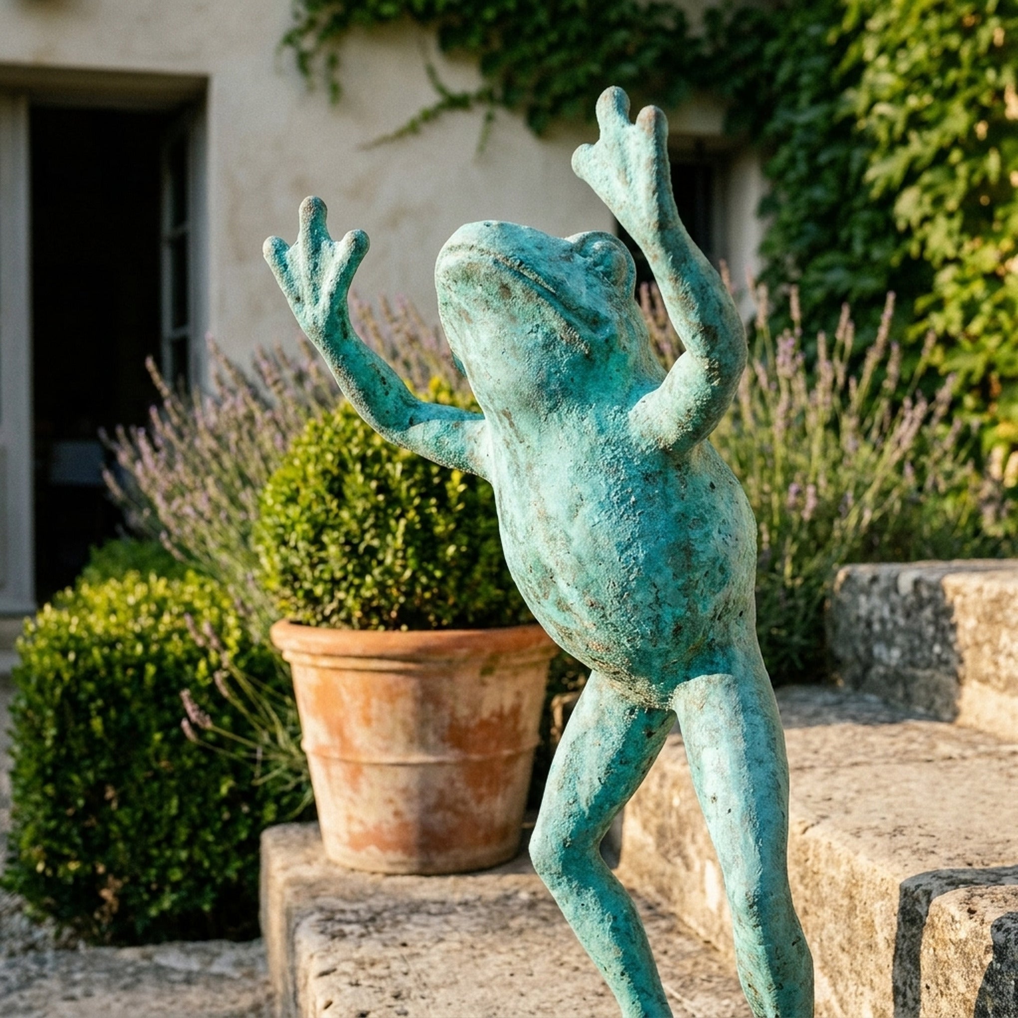 The Frog Prince Verdigris close view of the face and raised hands