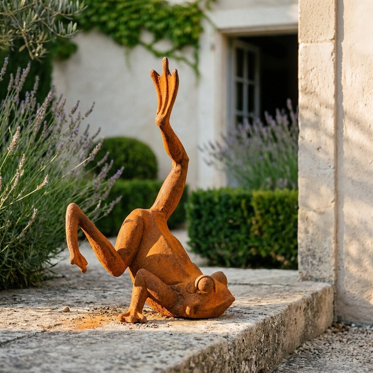 Major Ribbit rust cast iron frog statue doing a handstand with one leg raised