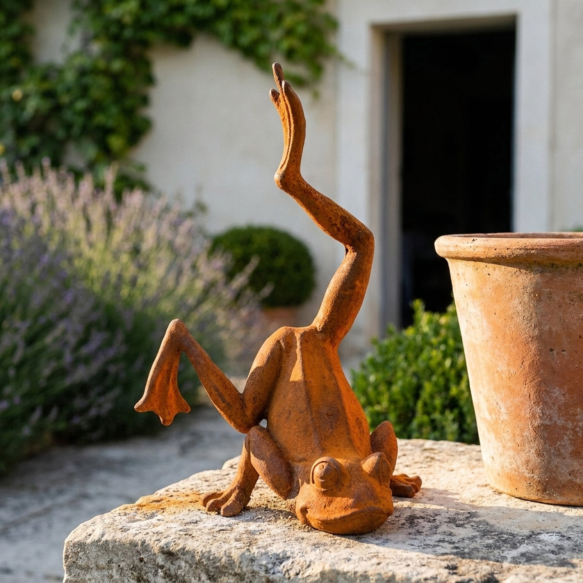 Major Ribbit handstand frog statue front view showing the full height and finish