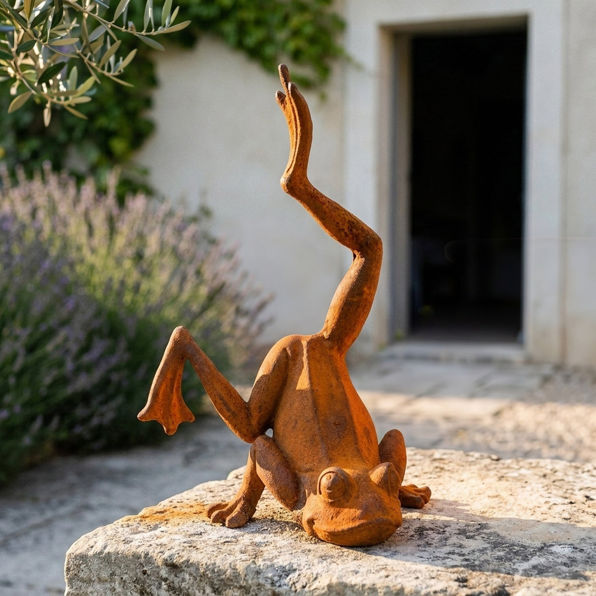 Major Ribbit handstand frog statue front view showing the full height and finish