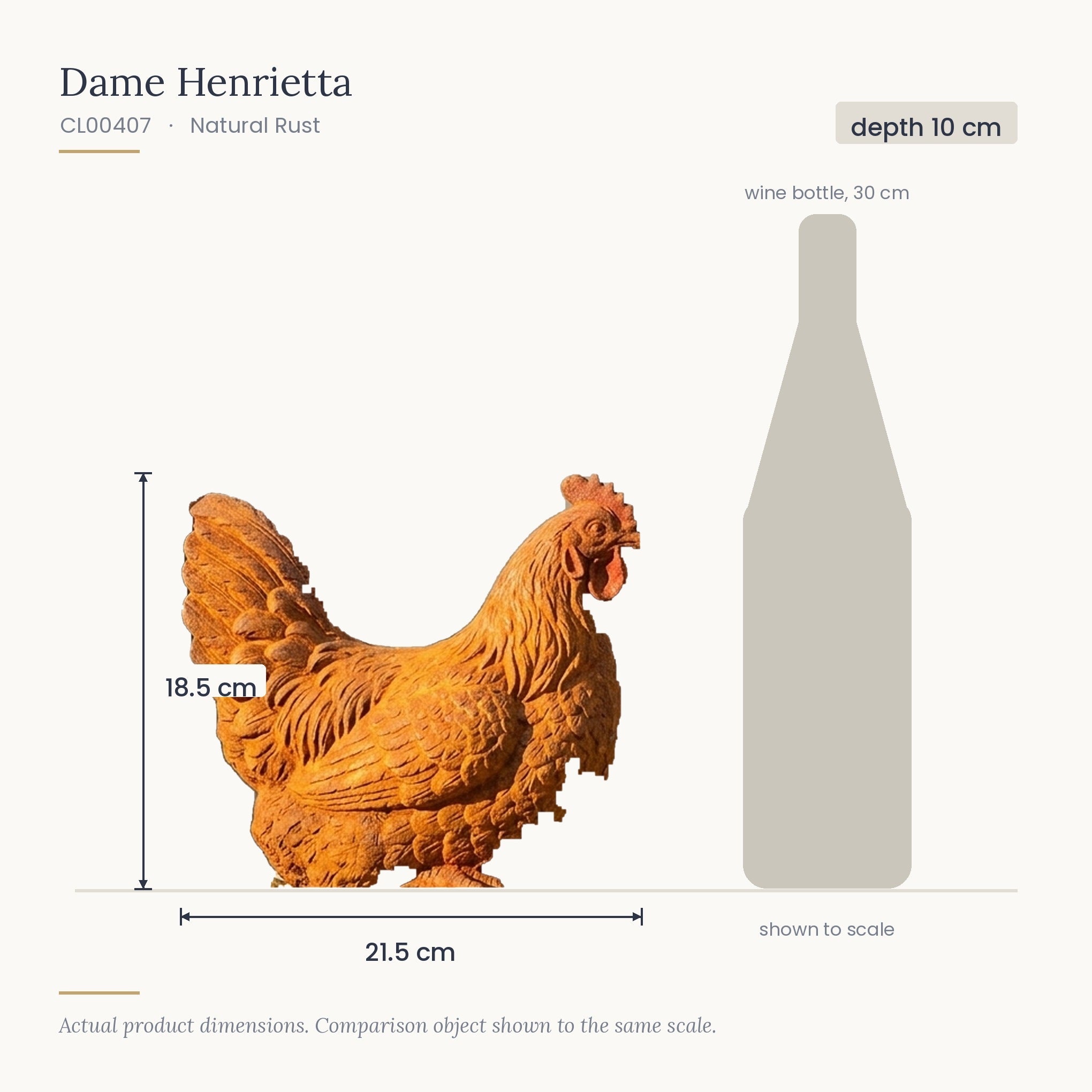 Size diagram for Dame Henrietta, 21.5 x 10 x 18.5 cm, shown to scale