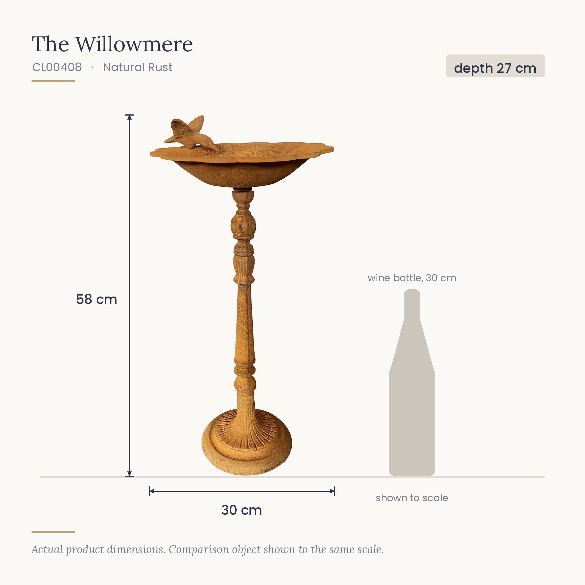 Size diagram for The Willowmere, 30 x 27 x 58 cm, shown to scale