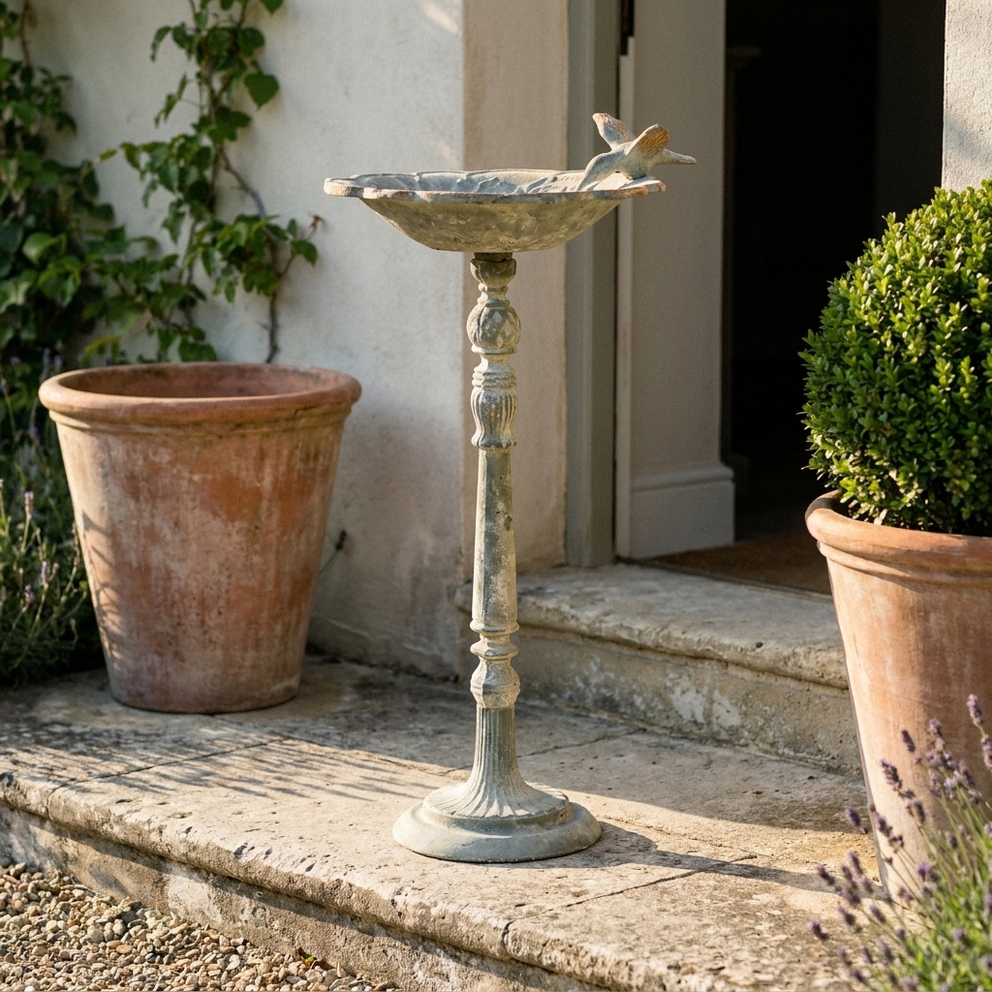 The Willowmere Grey pedestal bird bath front view showing the full height and finish