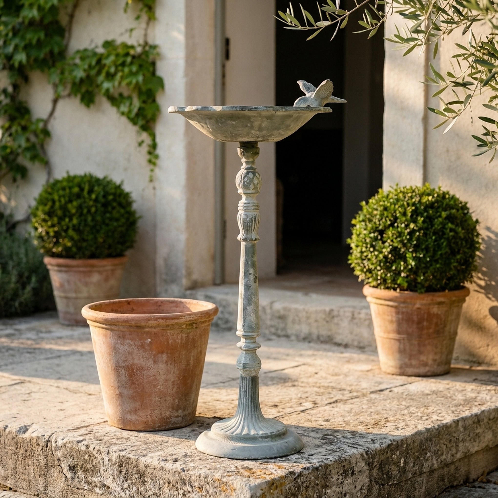 The Willowmere Grey pedestal bird bath three quarter view in a provencal courtyard