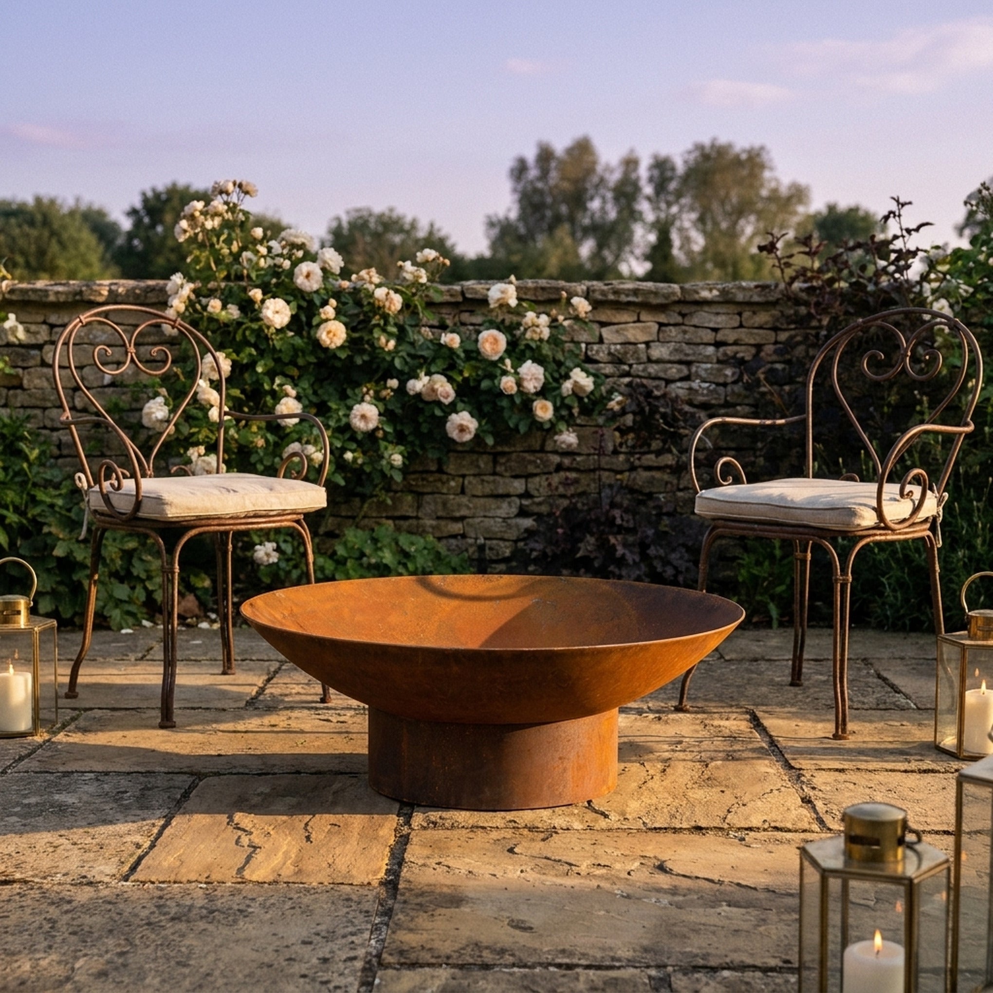 The Elmwood Fire Pit three quarter view showing the rolled rim and rust patina