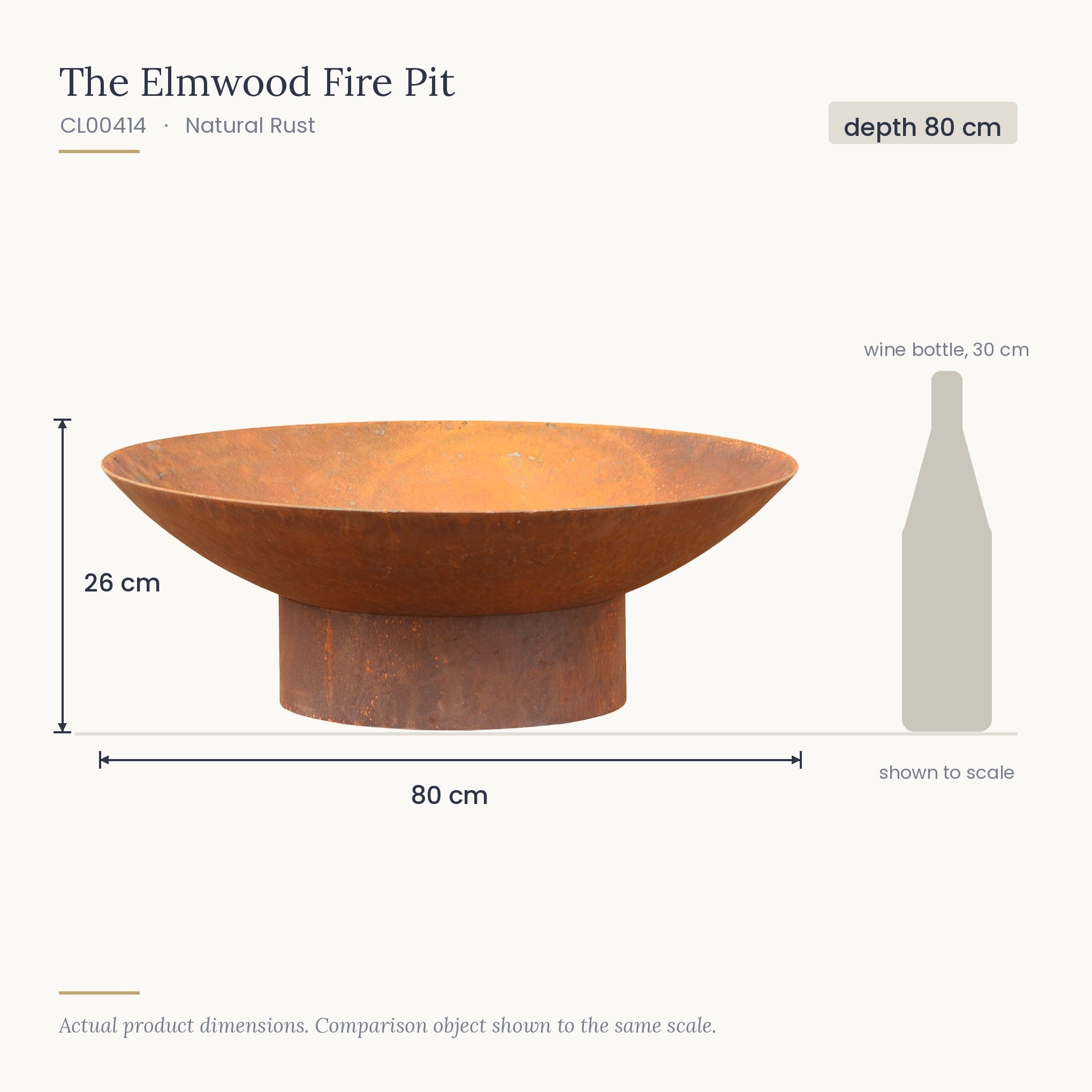 Size diagram for The Elmwood Fire Pit, 80 cm diameter and 26 cm high, shown to scale beside a 30 cm wine bottle