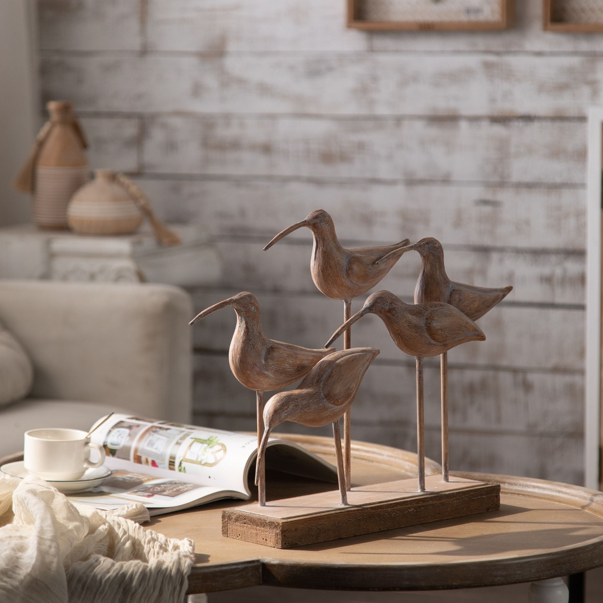 Collioure Shorebird Sculpture, Set of Five Wading Birds on a Timber Plinth