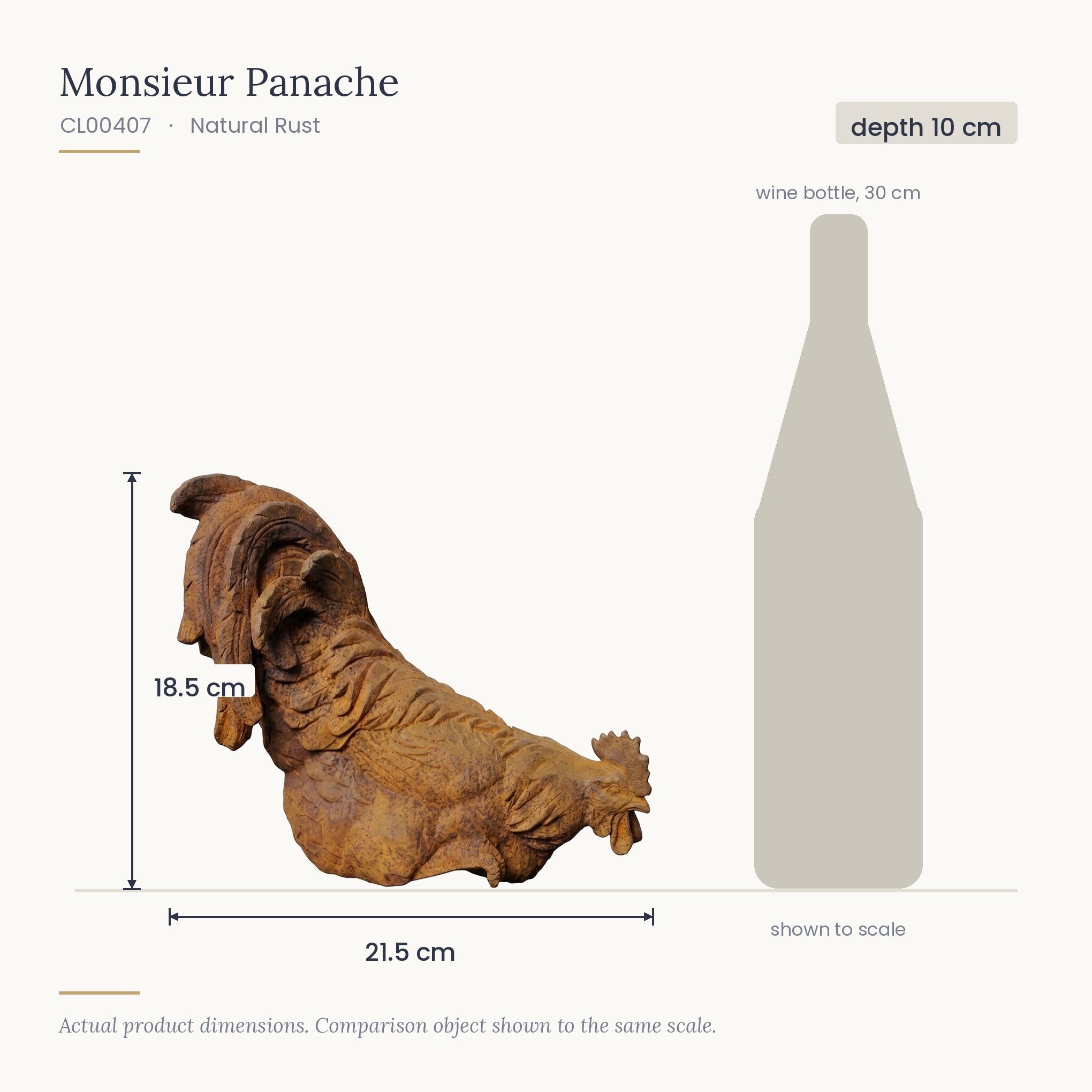 Monsieur Panache cast iron rooster ledge sitter size diagram, 21.5cm long by 18.5cm tall, shown to scale beside a 30cm wine bottle