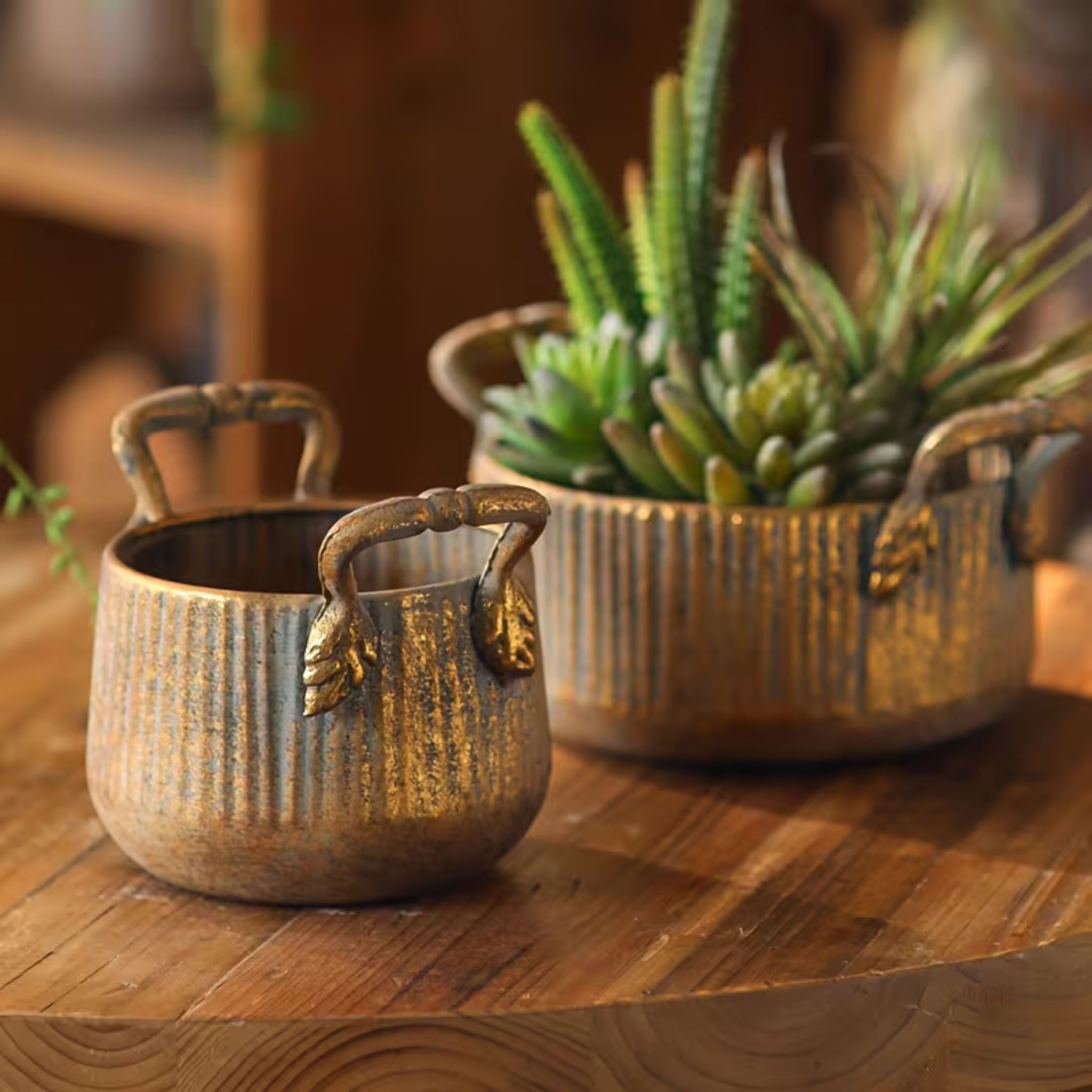 Milo pot pair together showing the two sizes and worn gold ribbing