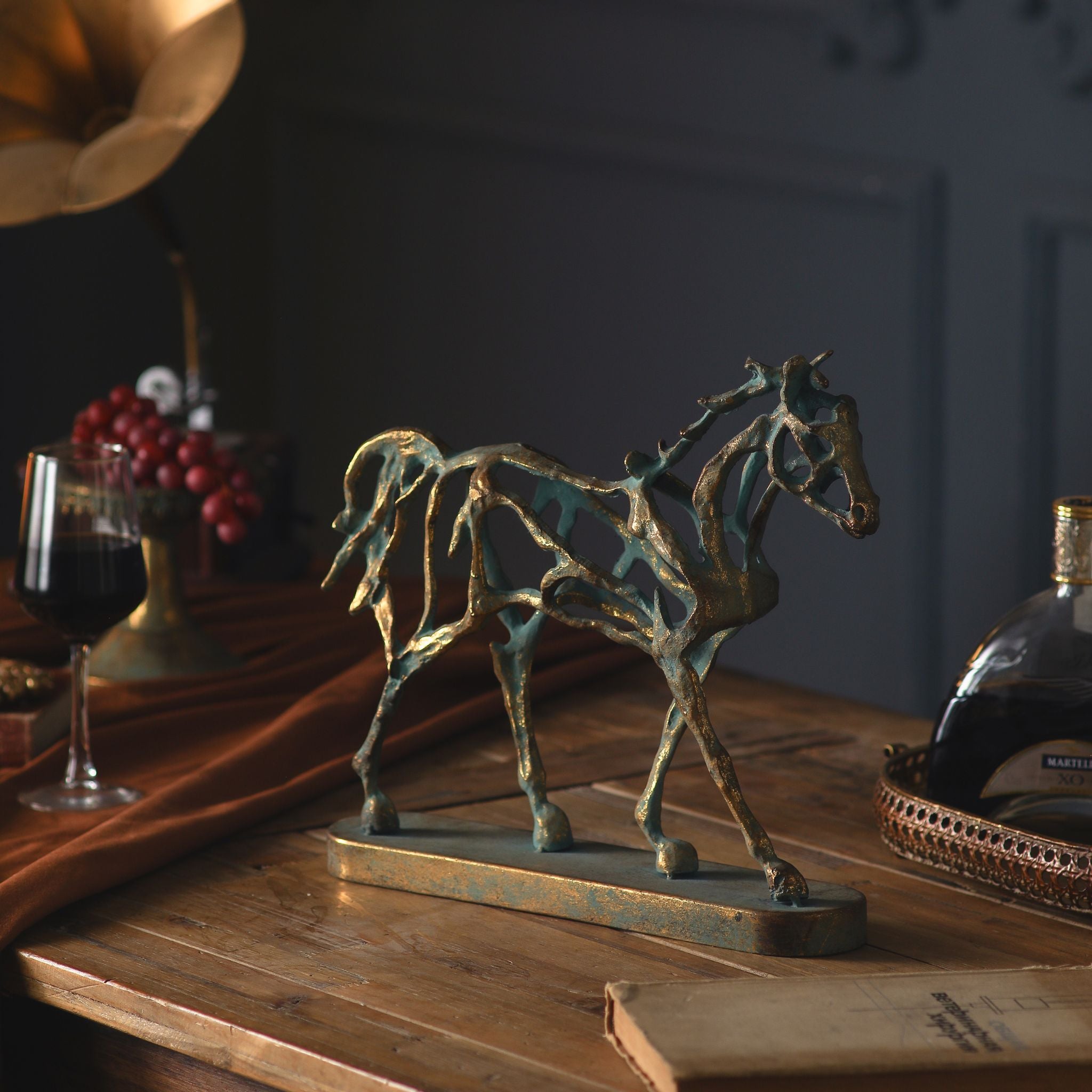 Side profile of the Jules metal horse showing the sketched open lattice form